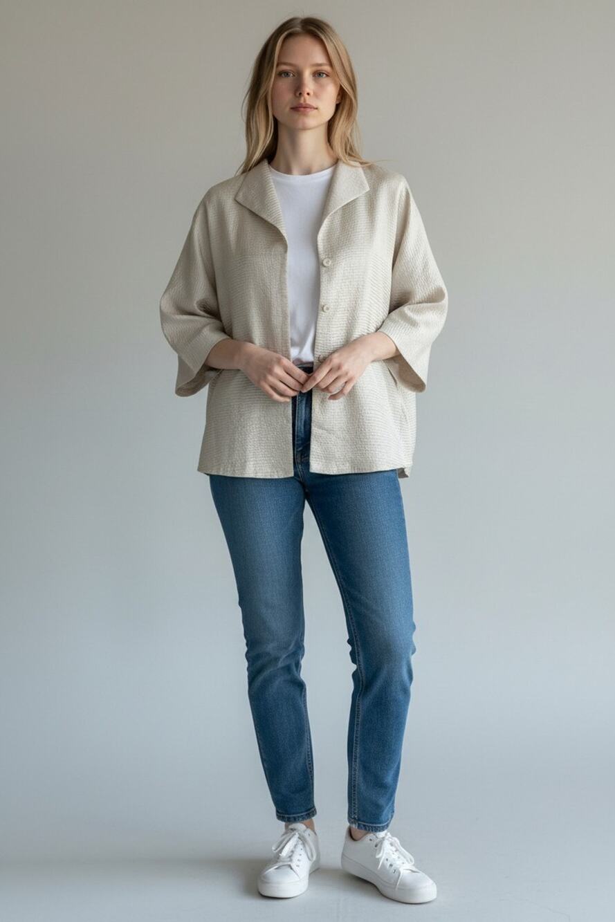 A5 Auth EILEEN FISHER Cream Silk/Wool Button Front Wide Lapel Collar Jacket Sz S